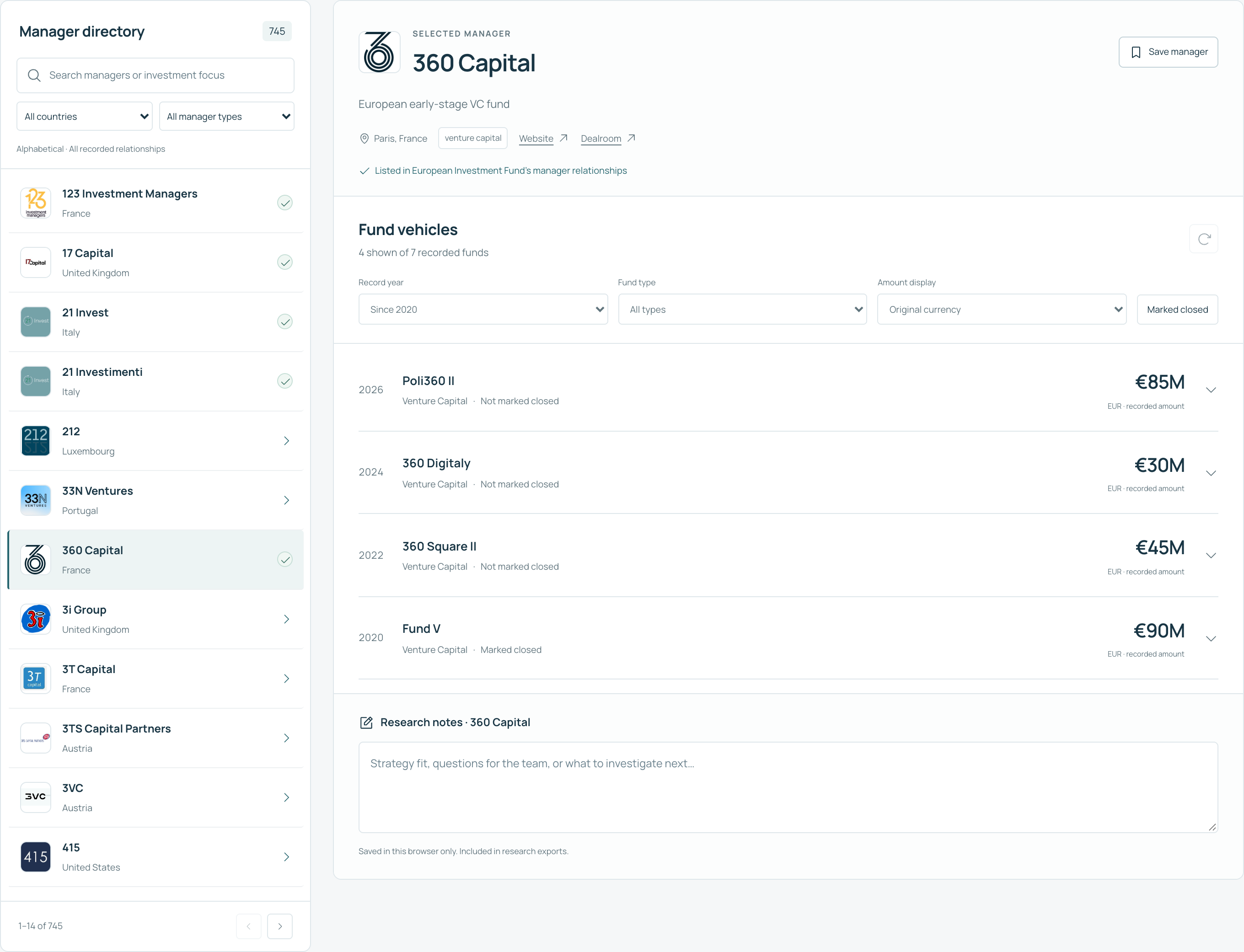 Capital Desk manager directory with 360 Capital selected and its fund vehicles shown
