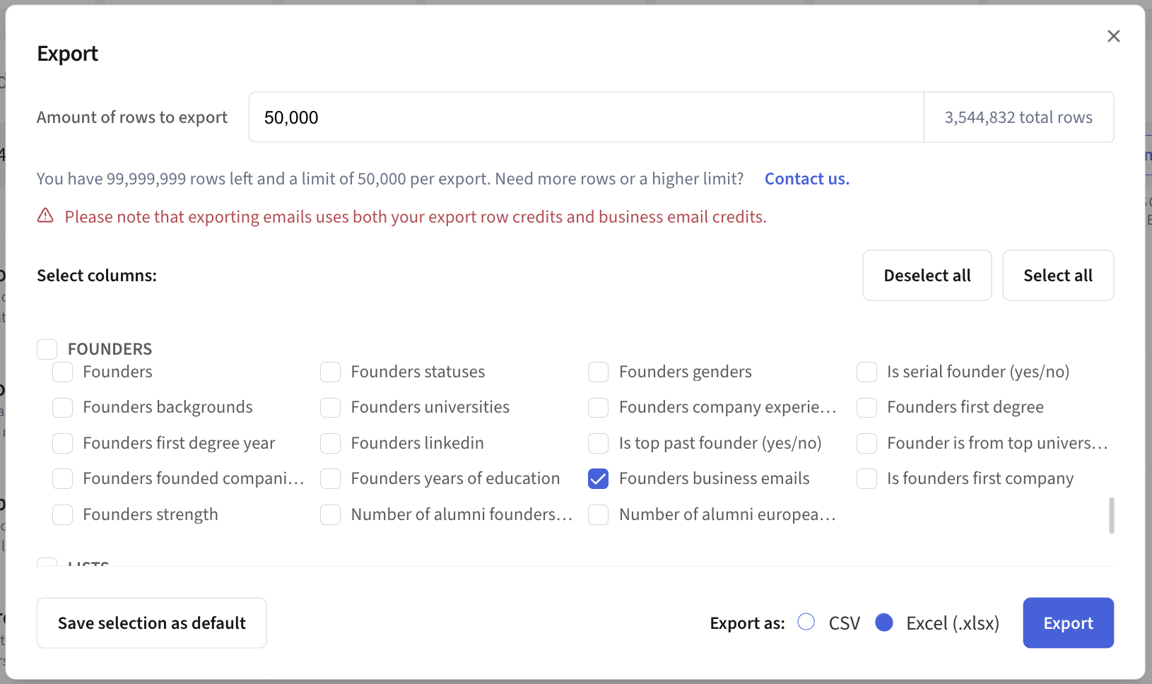 Export modal showing Founders business emails field selected