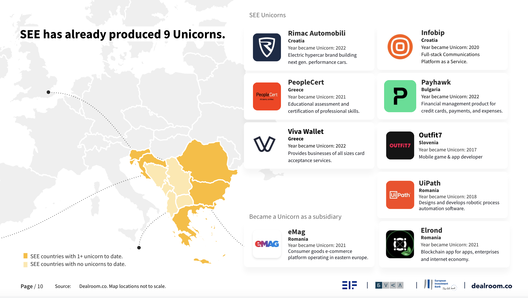Map showing unicorn startups from Southeastern Europe